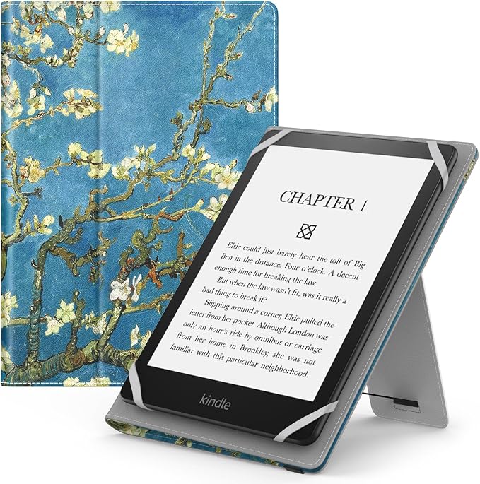 Moko Universal Case for Kindle eReaders Fire 6" 6.8" 7" Tablet - Kobo/Voyaga/Lenovo/Sony Kindle E-Book - Lightweight PU Leather Flip Case Cover with Hand Strap/Kickstand - Apricot Flower - Image 1
