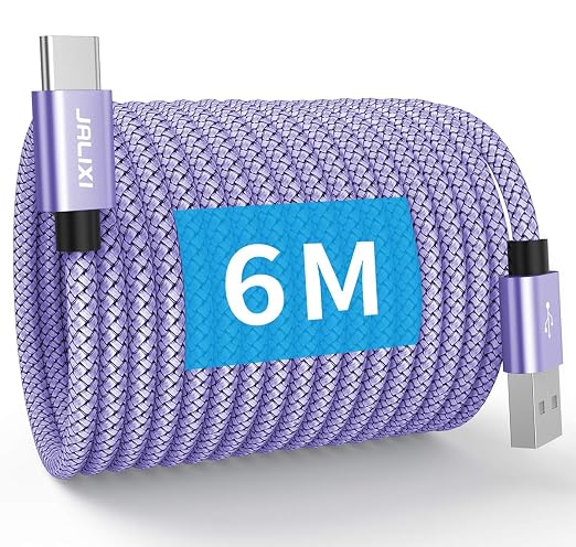 JALIXI USB C Cable 6M Fast Charging, 3A USB to USBC Extra Long Nylon Type C Cable for PS5 Controller, Samsung Galaxy S10 S9 S8 Plus S23 Fe A55 A54 A35 A33 A25 A23 A15 A14 A13 Purple - Image 1