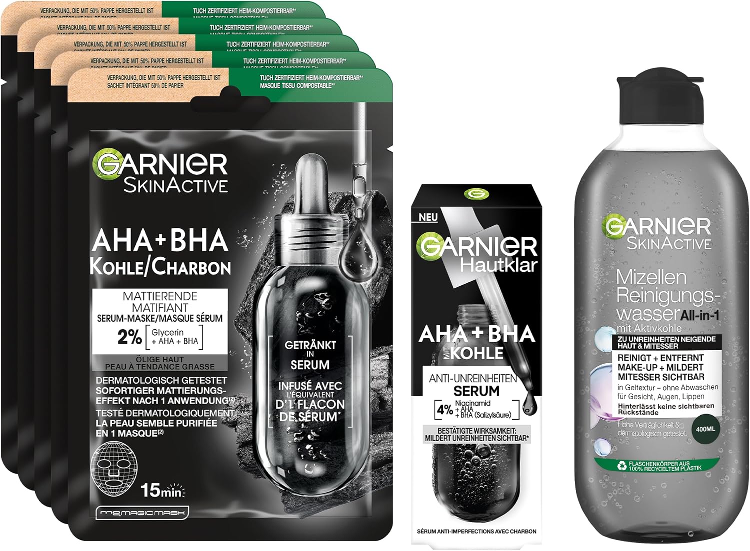 Garnier SkinActive Black Skin Routine Kit de soin du visage avec 5 masques noirs, tonique micellaire et sérum AHA BHA pour un teint plus uniforme sur les peaux normales ou à imperfections - Image 1