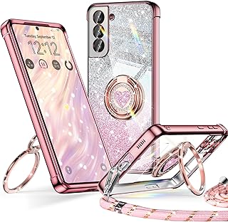 XYZ Coque pour Samsung Galaxy S22 Con Cordon, Mignonne et Luxueuse, Double Anneau Motif Cœur d'amour pour Femmes et Filles, Pailleté Souple Coque Samsung S22, Or Rose - Image 1