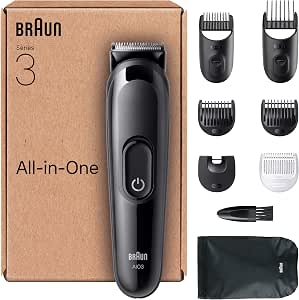 Braun Series 3 All in One Shaving Kit with Electric Trimmer for Men, 8-in-1 AIO3545, Black, 14 Beard Lengths, Set with 6 Combs and Cleansing Brush, Face and Hair Shaving - Image 1