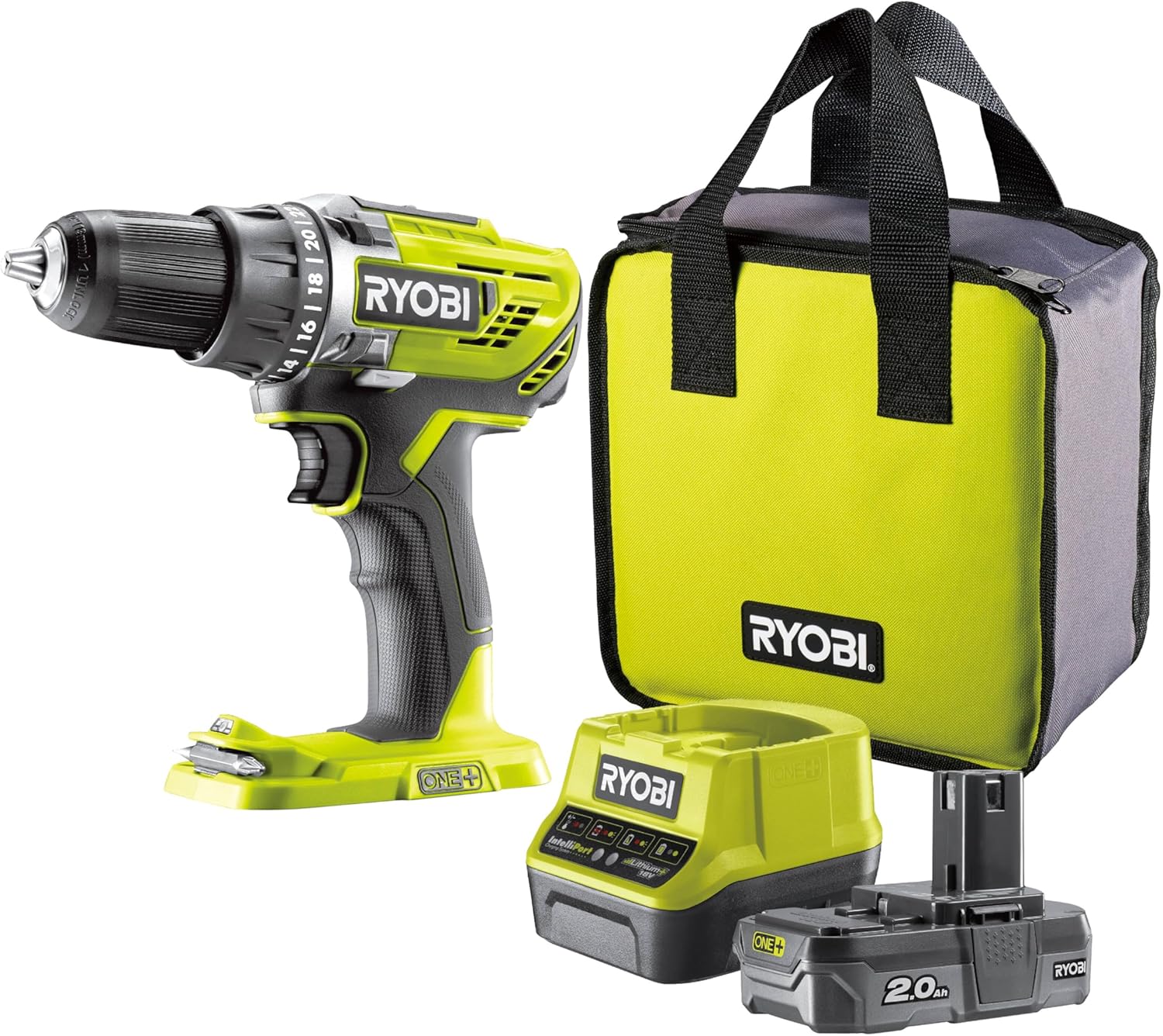 RYOBI - Perceuse-visseuse sans fil 18V - 50 Nm - 500-1 800 tr/min - mandrin 13 mm - 1 batteries lithium+ 2,0 Ah - chargeur 2,0 A - Livrée en sac de transport - Image 1