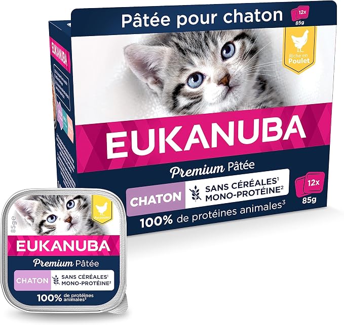 EUKANUBA Grain Free for Kitten - Premium Grain Free Food - Gluten Free - Low in Fat - High in Chicken and Enriched with Taurine - 12 Foil Trays 85g - Image 1