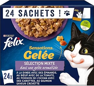 FELIX | SENSATIONS | Chat Adulte | Selection Mixte en Gelée : au Bœuf, Dinde, Poisson de l'Océan, Saumon | Aliment humide 100% complet et équilibré | Sachets Fraîcheurs | Lot de 4 (24 x 85 g) - Image 1