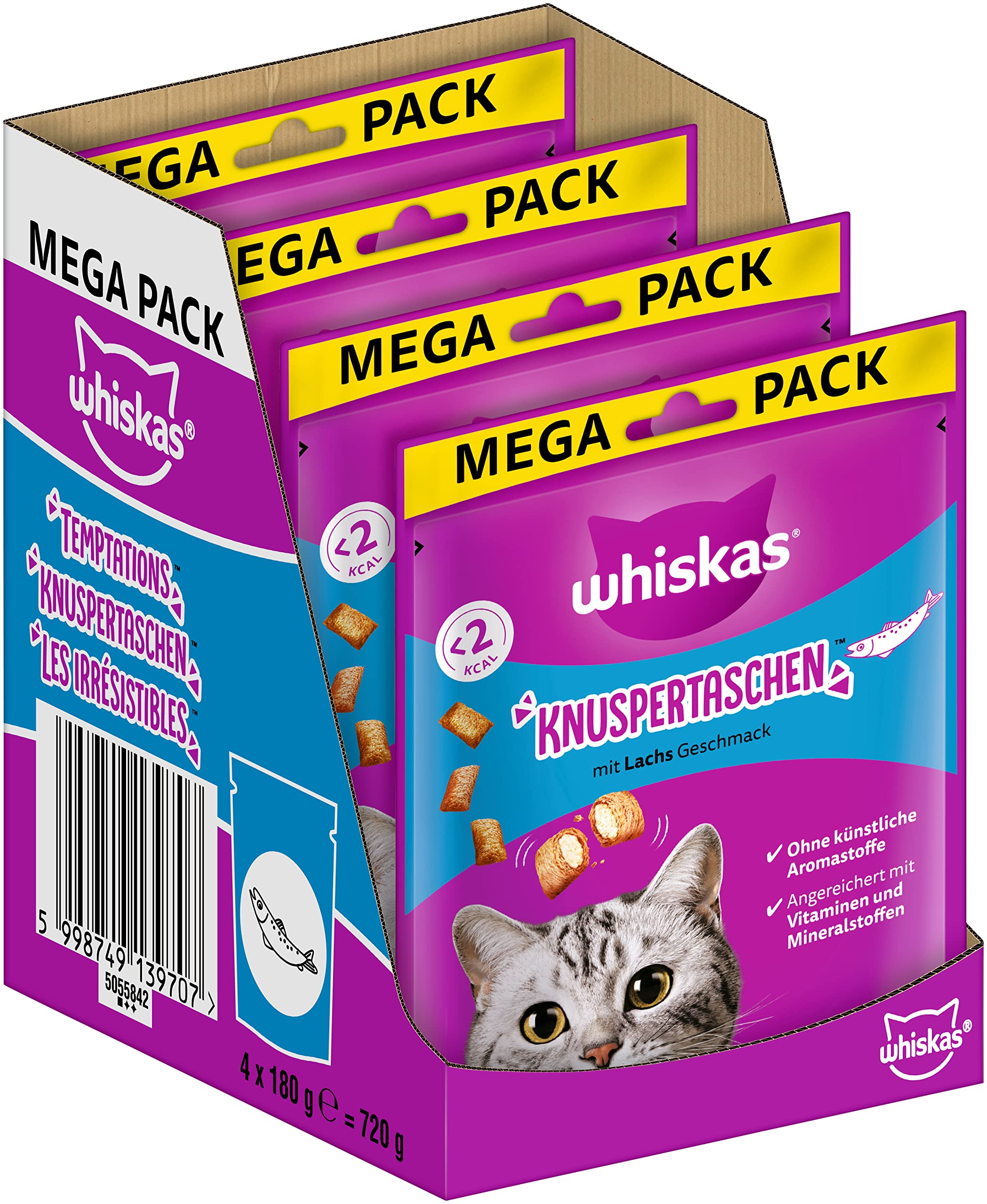 Whiskas Knuspertaschen 4 Packs of Salmon Flavoured Cat Treats, 4 x 180 g (4 Packs) - Various Product Packaging Available - Image 1