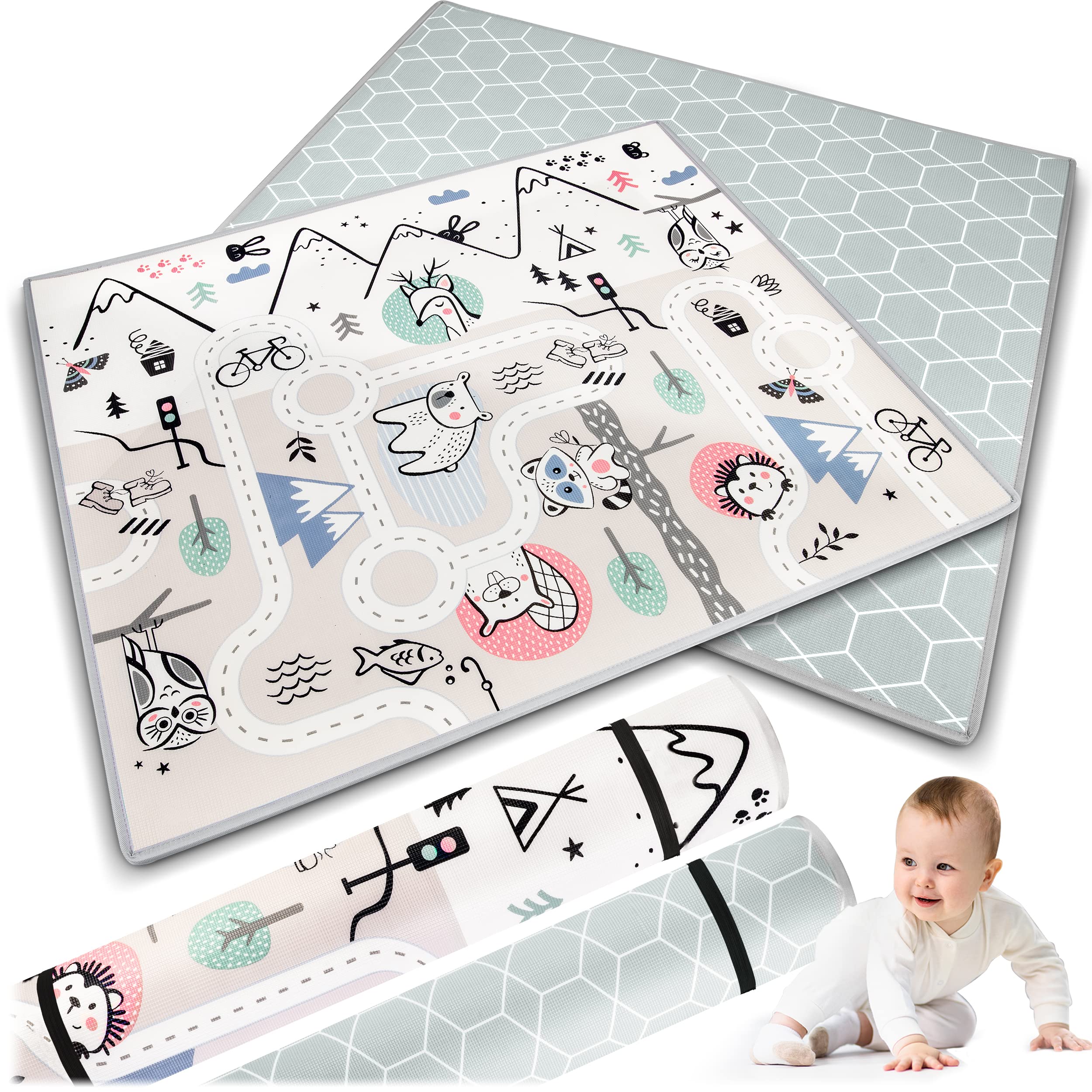 Nukido Double Sided Play Mat for Baby - Floor Mattress for Nursery - Foldable Play Mat - Play Mat for 0-6 Months - Grey - 150 x 180 x 1.5 cm - Image 1