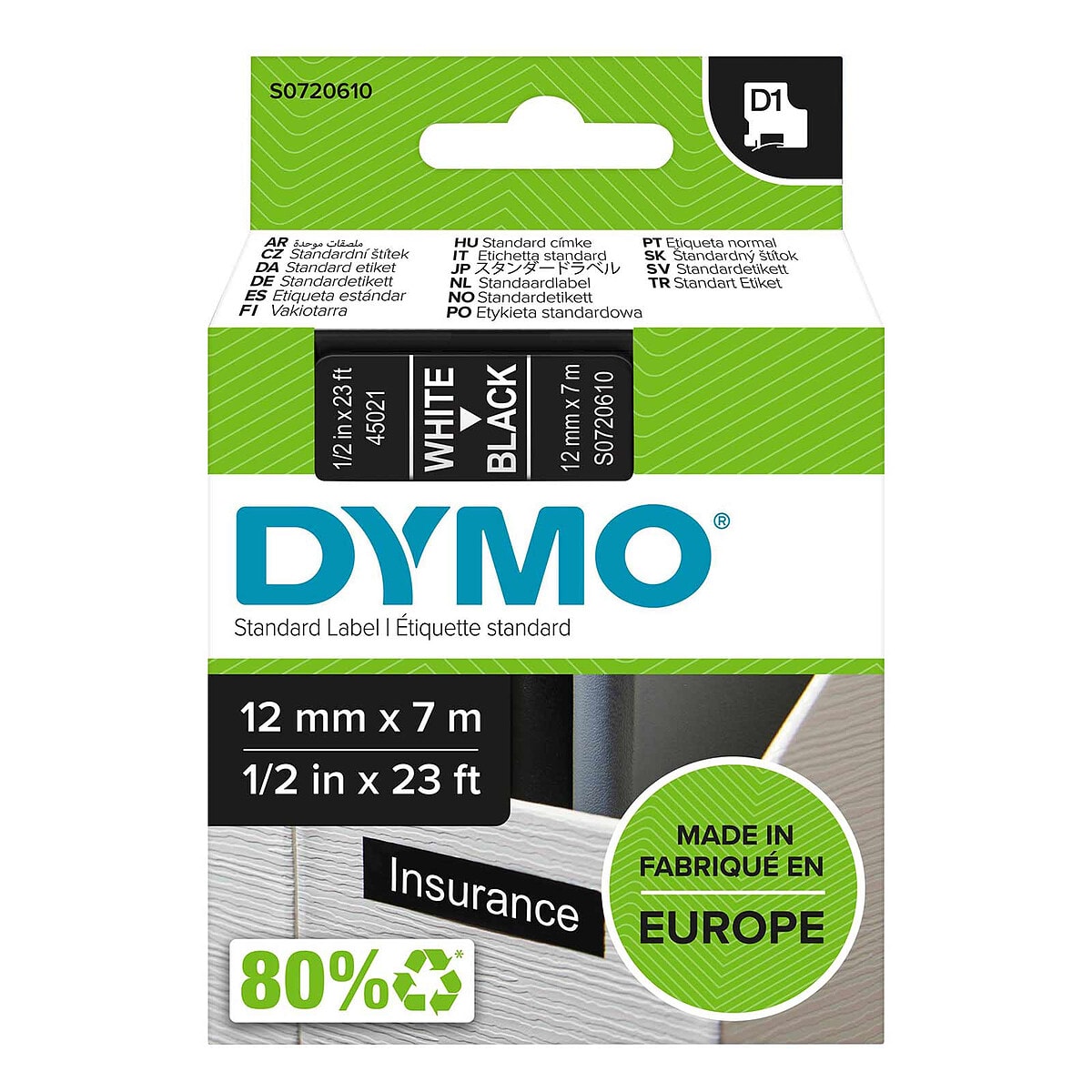 DYMO Ruban D1 Standard blanc sur noir 12 mm x 7 m - Image 1