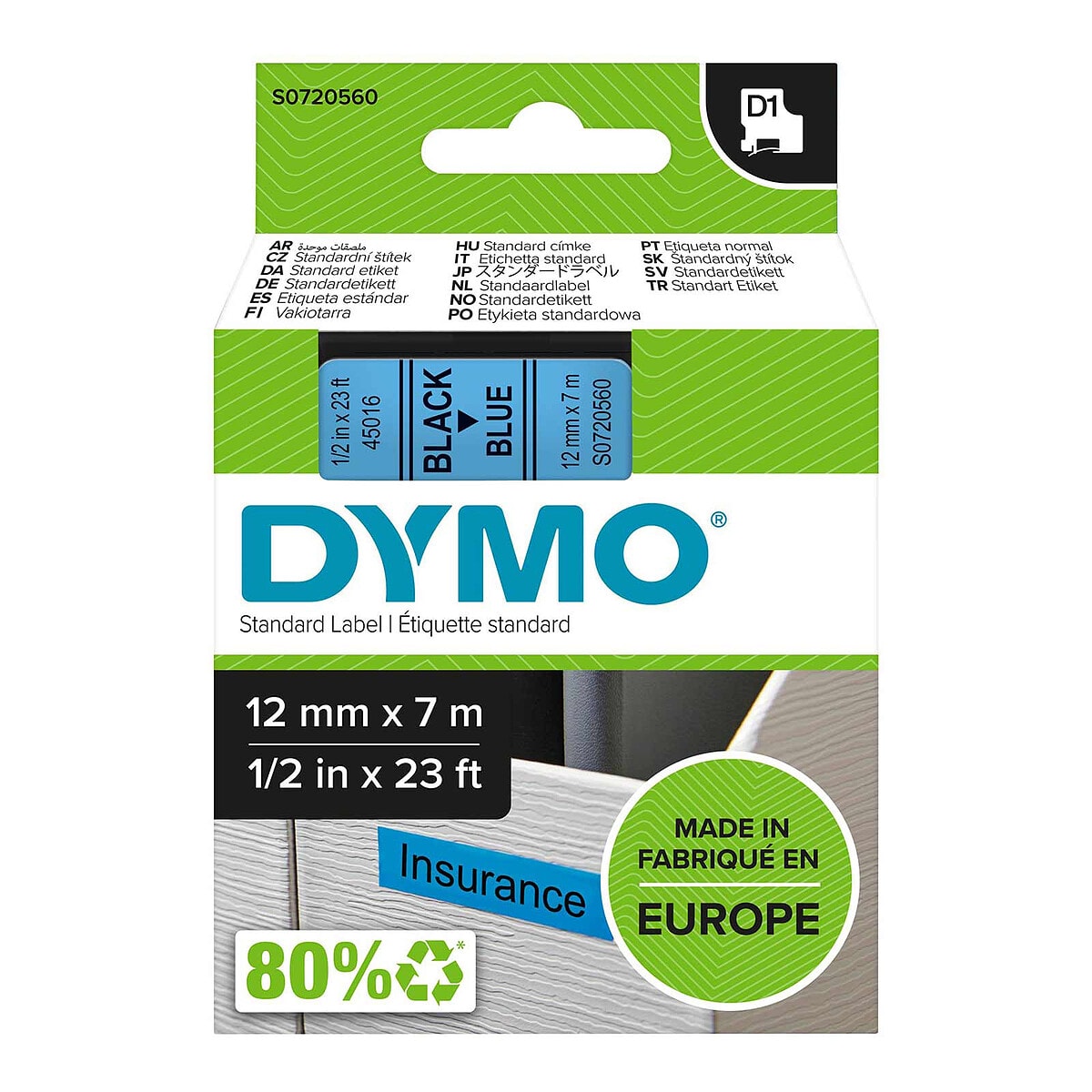 DYMO Ruban D1 Standard noir sur bleu 12 mm x 7 m - Image 1