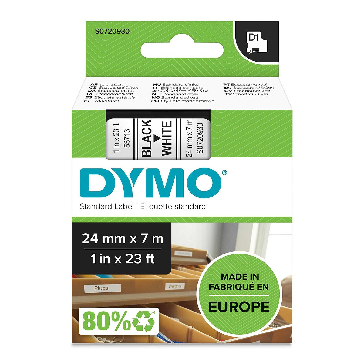 DYMO Ruban D1 Standard blanc sur noir 24 mm x 7 m - Image 1