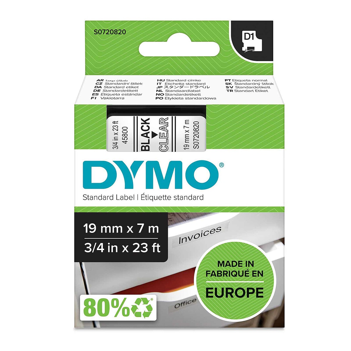 DYMO Ruban D1 Standard - noir/transparent 19 mm - 7 m - Image 1