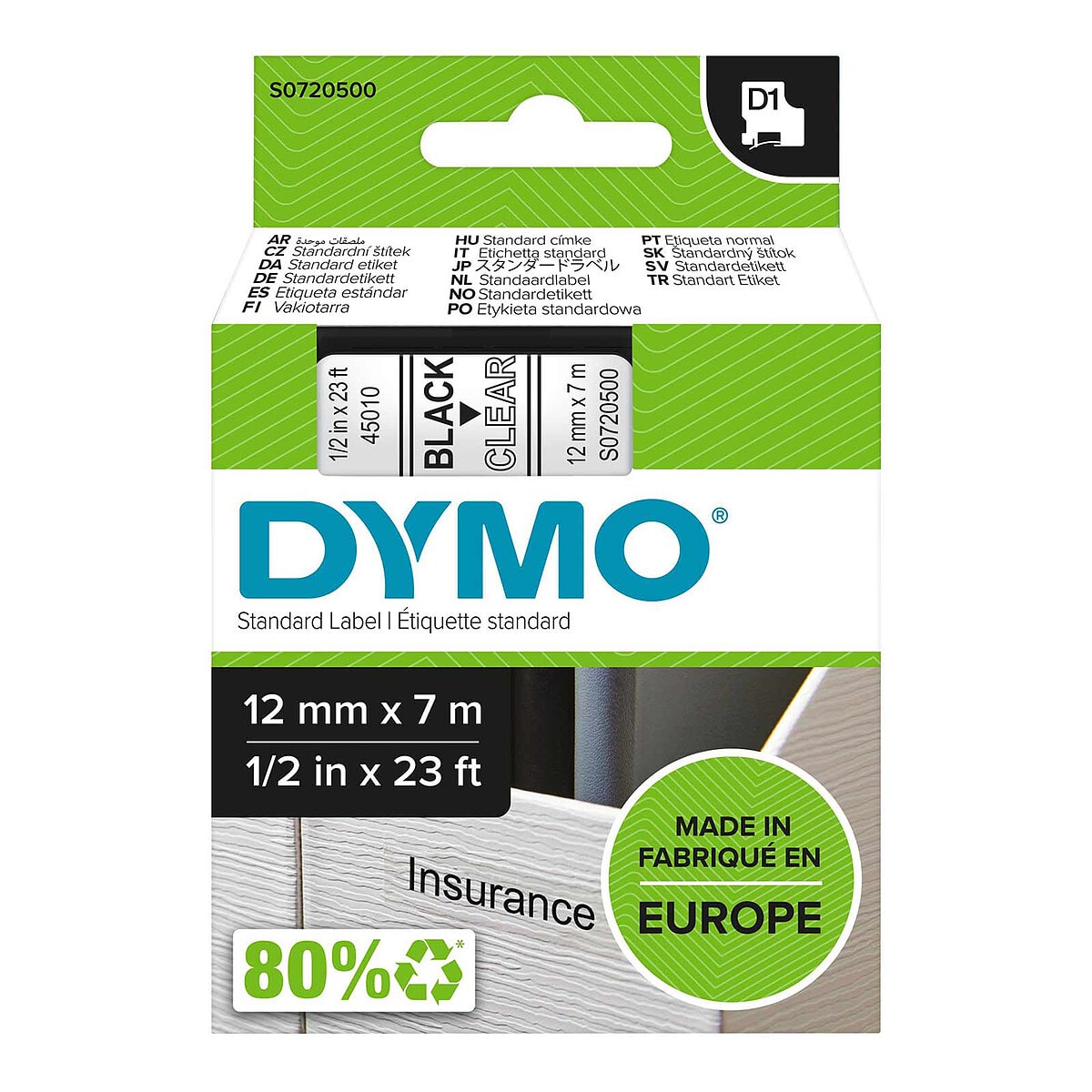 DYMO Ruban D1 Standard - noir/transparent 12 mm - 7 m - Image 1
