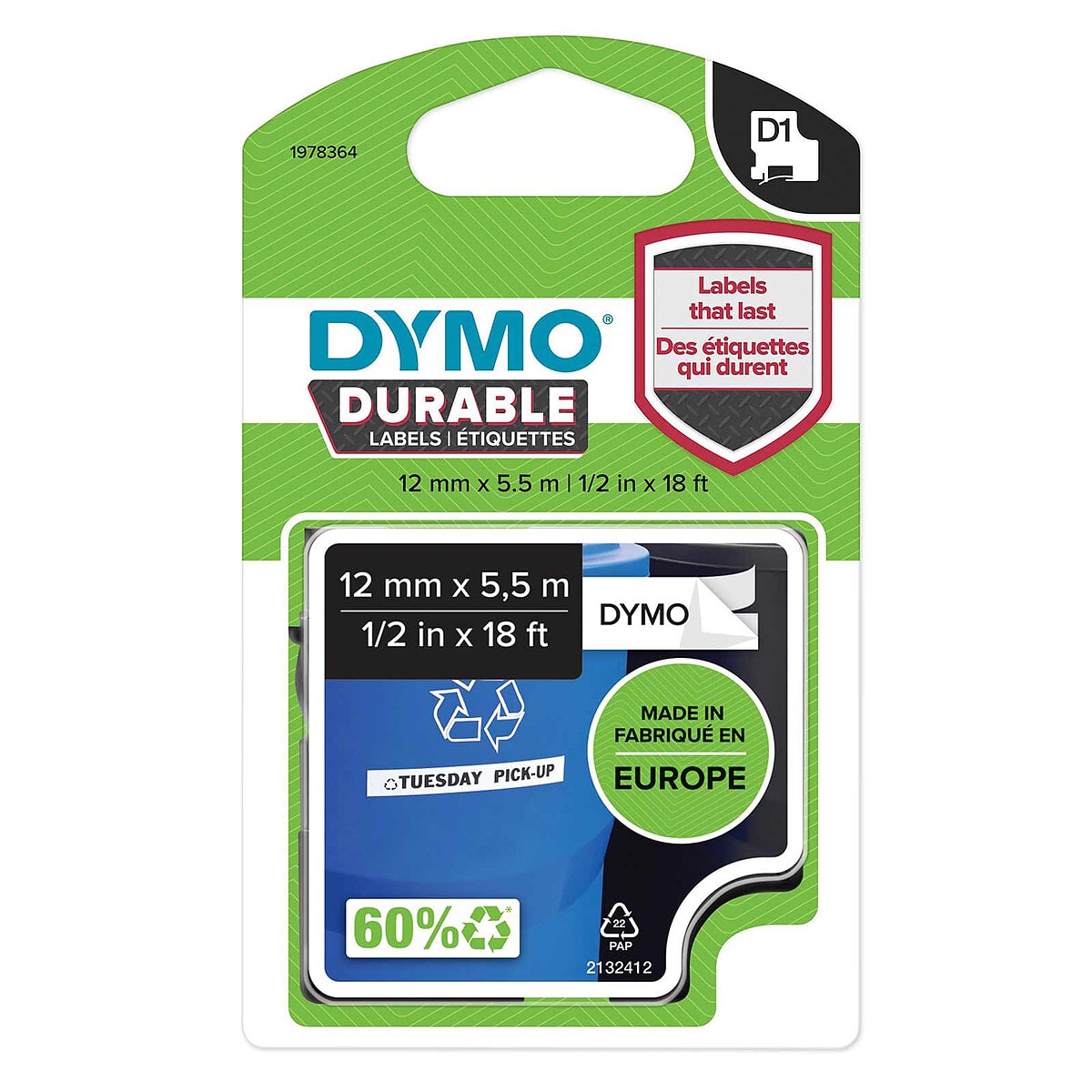DYMO Ruban D1 Standard noir sur blanc 12 mm x 5.5 m - Image 1