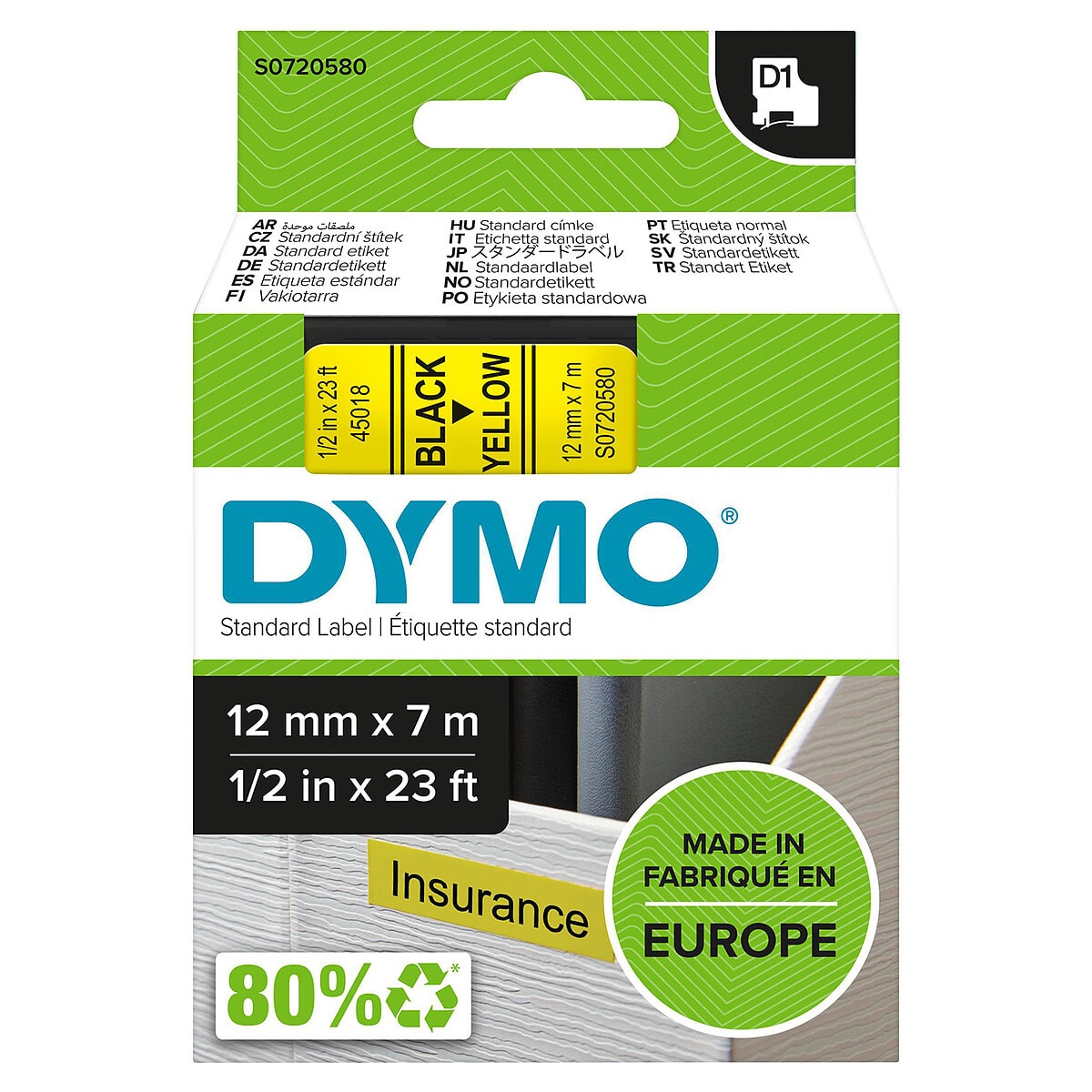 DYMO Ruban D1 Standard noir sur jaune 12 mm x 7 m - Image 1
