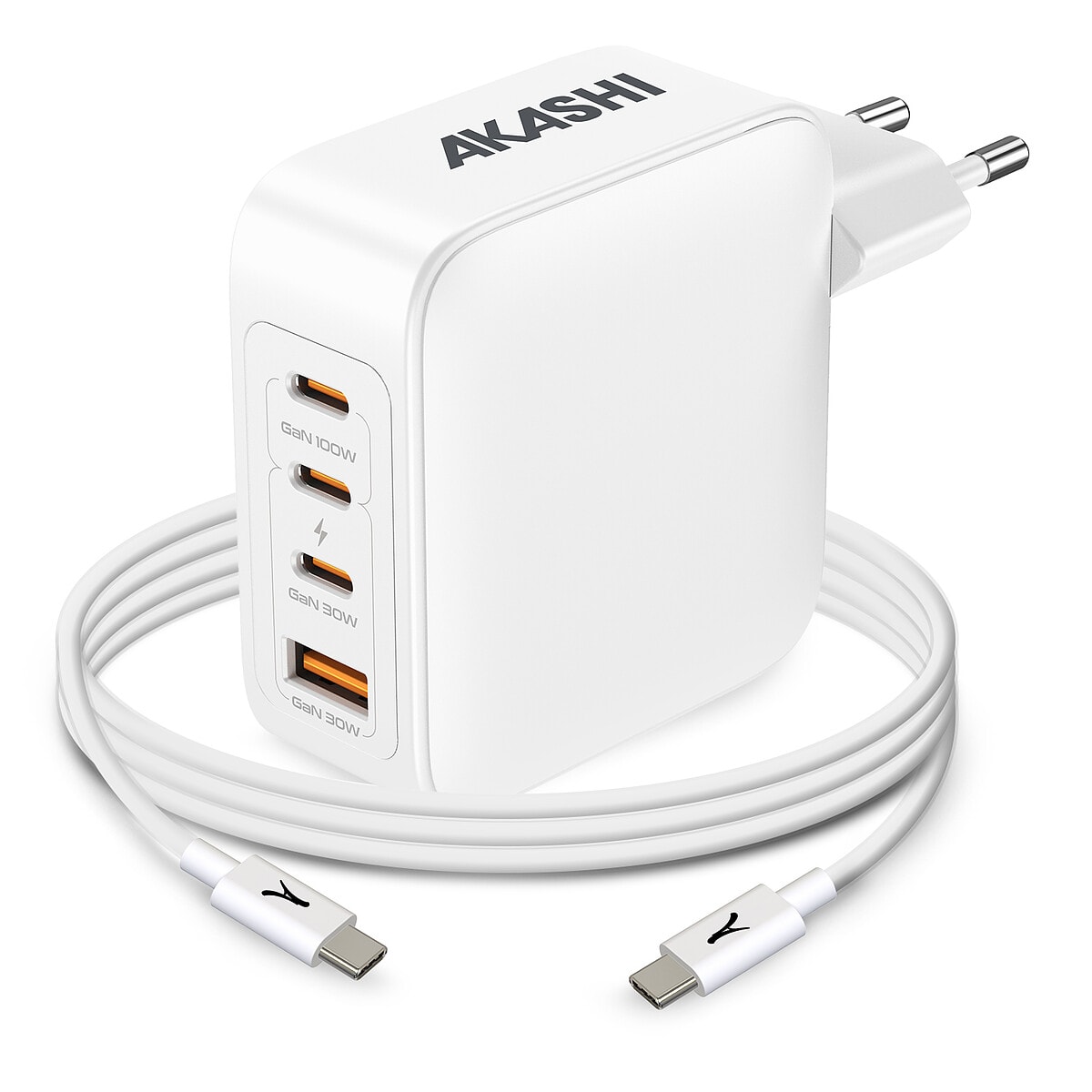 Akashi Pack Chargeur Secteur GaN 100W Intelligent USB-C x3 + USB-A + Cable USB-C 100W 1.5M - Image 1