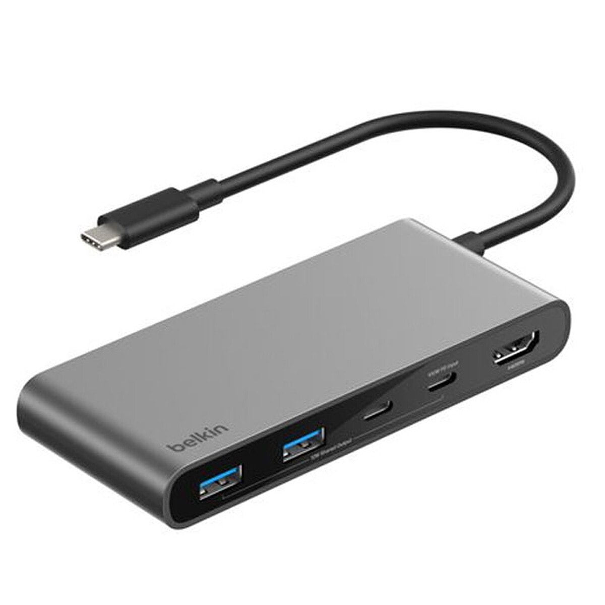 Belkin Hub USB-C avec 1 x HDMI 4K, 2x USB-C, 2x USB-A et Carte SD et 100W Passthrough (Gris) - Image 1