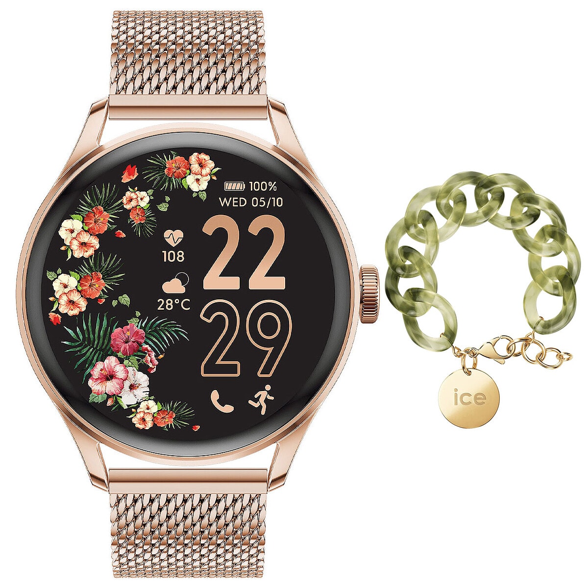 Ice Watch Ice Smart 2.0 1.20 Rose/Or Bracelet Milanais + Bracelet Chaine Opaline Vert OFFERT ! - Image 1