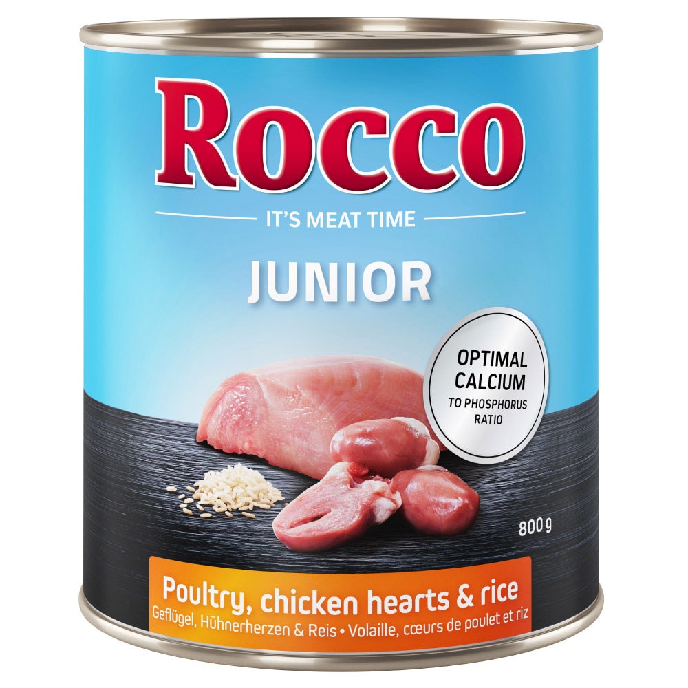 Rocco Junior 24 x 800 g - Pack Ahorro - Ave con corazón de pollo y arroz - Image 1