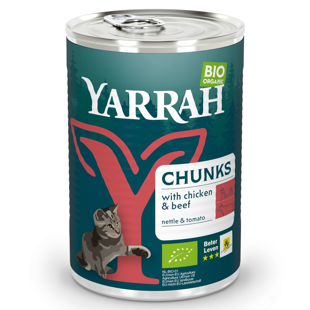 Yarrah Bio Chunks - 6 x 405 g - Pollo y vacuno ecológicos con ortiga y tomate ecológicos - Image 1
