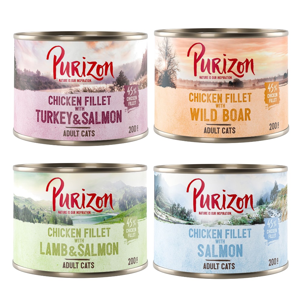 Purizon Adult 12 x 200 g comida húmeda para gatos, sin cereales - Pack ahorro - Pack mixto: 2 salmón, 2 jabalí, 1 cordero y salmón, 1 pavo y salmón - Image 1