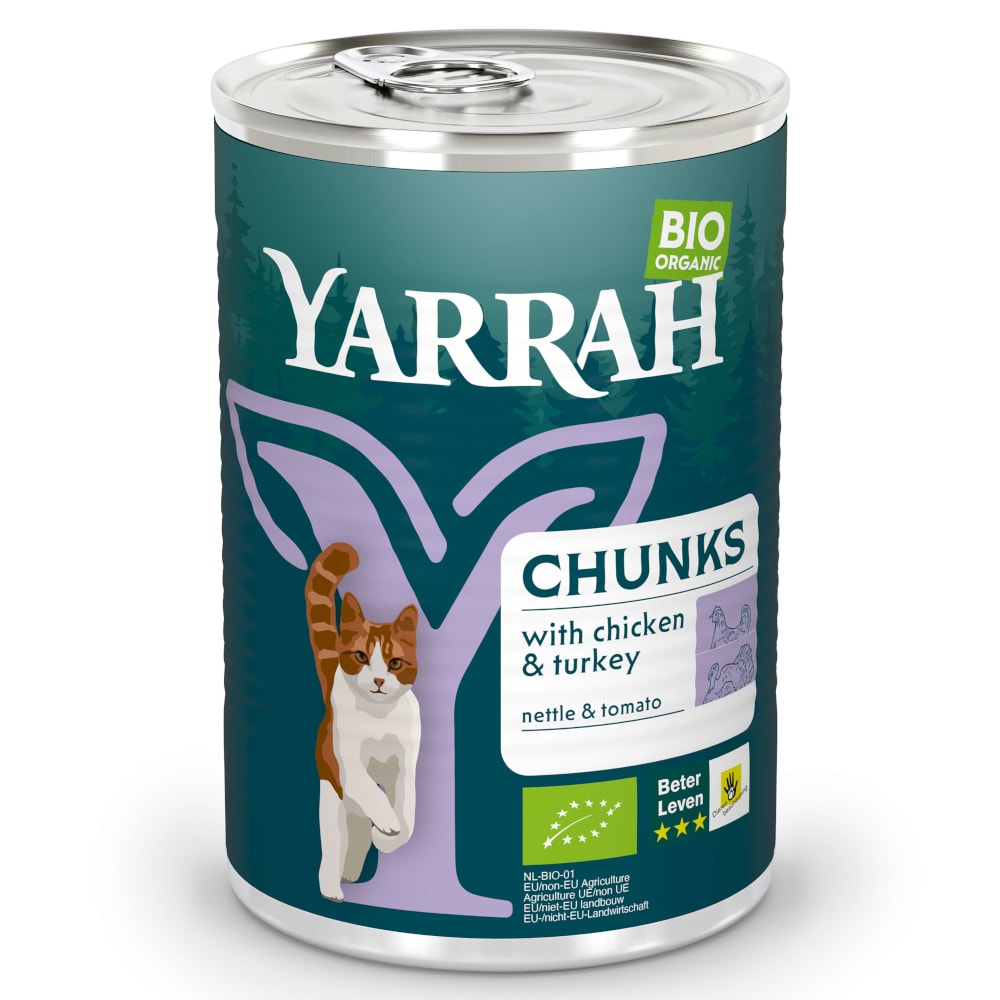 Yarrah Bio Chunks - 6 x 405 g - Pollo y pavo ecológicos con ortiga y tomate ecológicos - Image 1