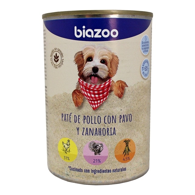Biazoo - Comida húmeda para perros adultos Biazoo paté de pollo con pavo y zanahoria grain free 395 g. - Image 1