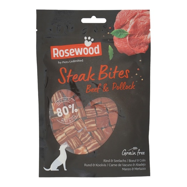 Rosewood - Snack para perros adultos medianos y grandes Steak Bites Rosewood ternera y abadejo 100 g. - Image 1