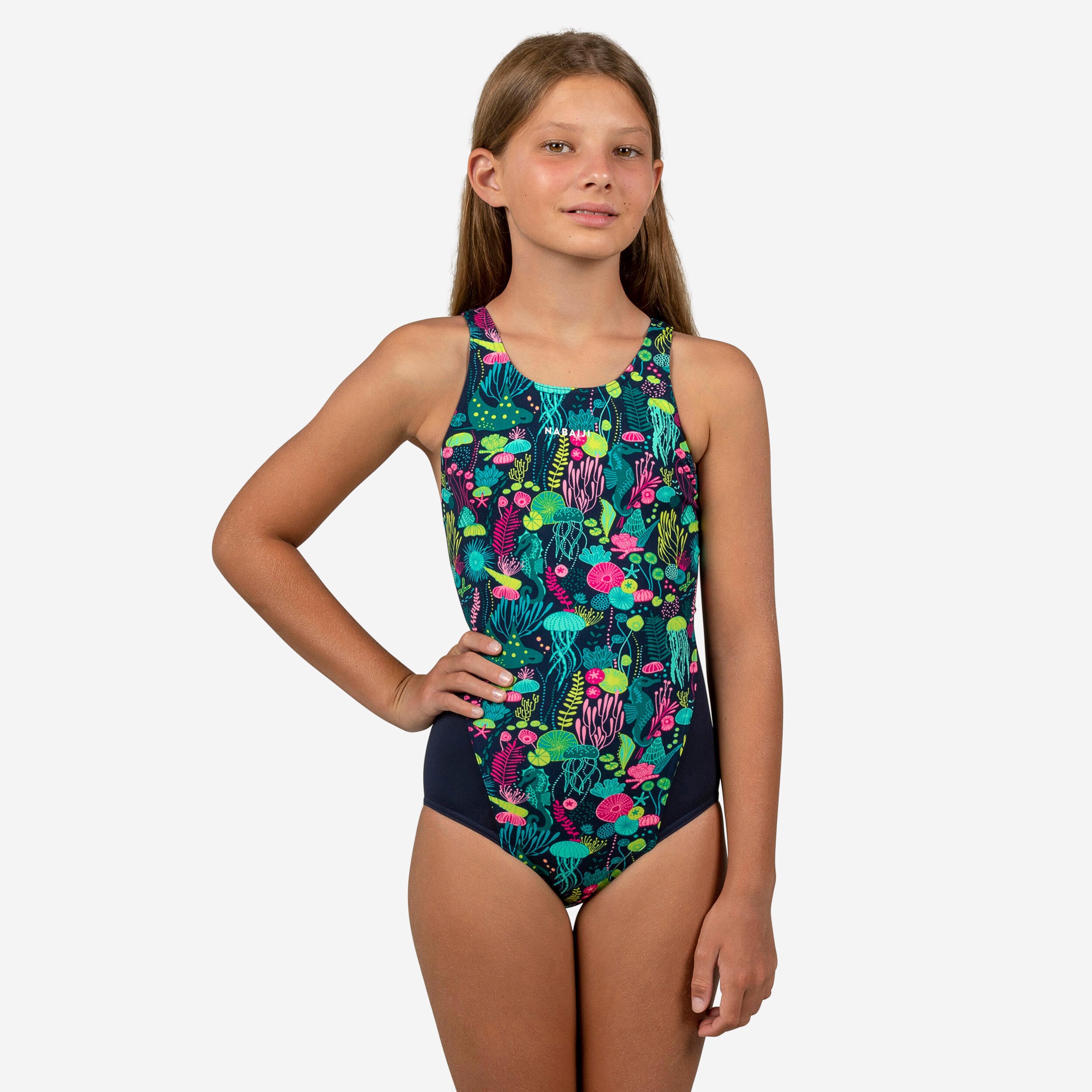 Maillot de bain 1 pièce natation Fille ado - 500 Kamiye algues bleu rose - Image 1