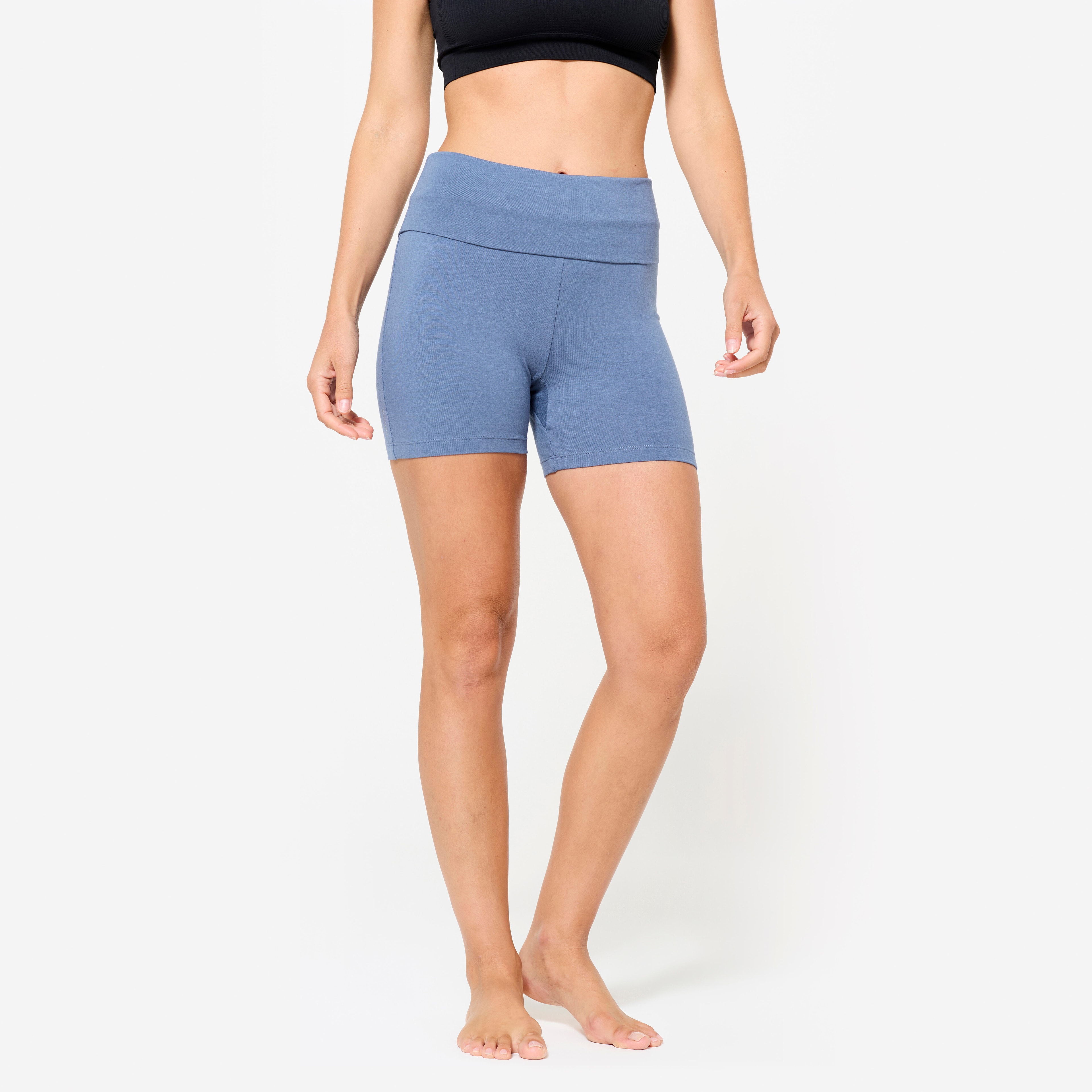 Short de yoga coton doux taille haute femme, bleu - Image 1