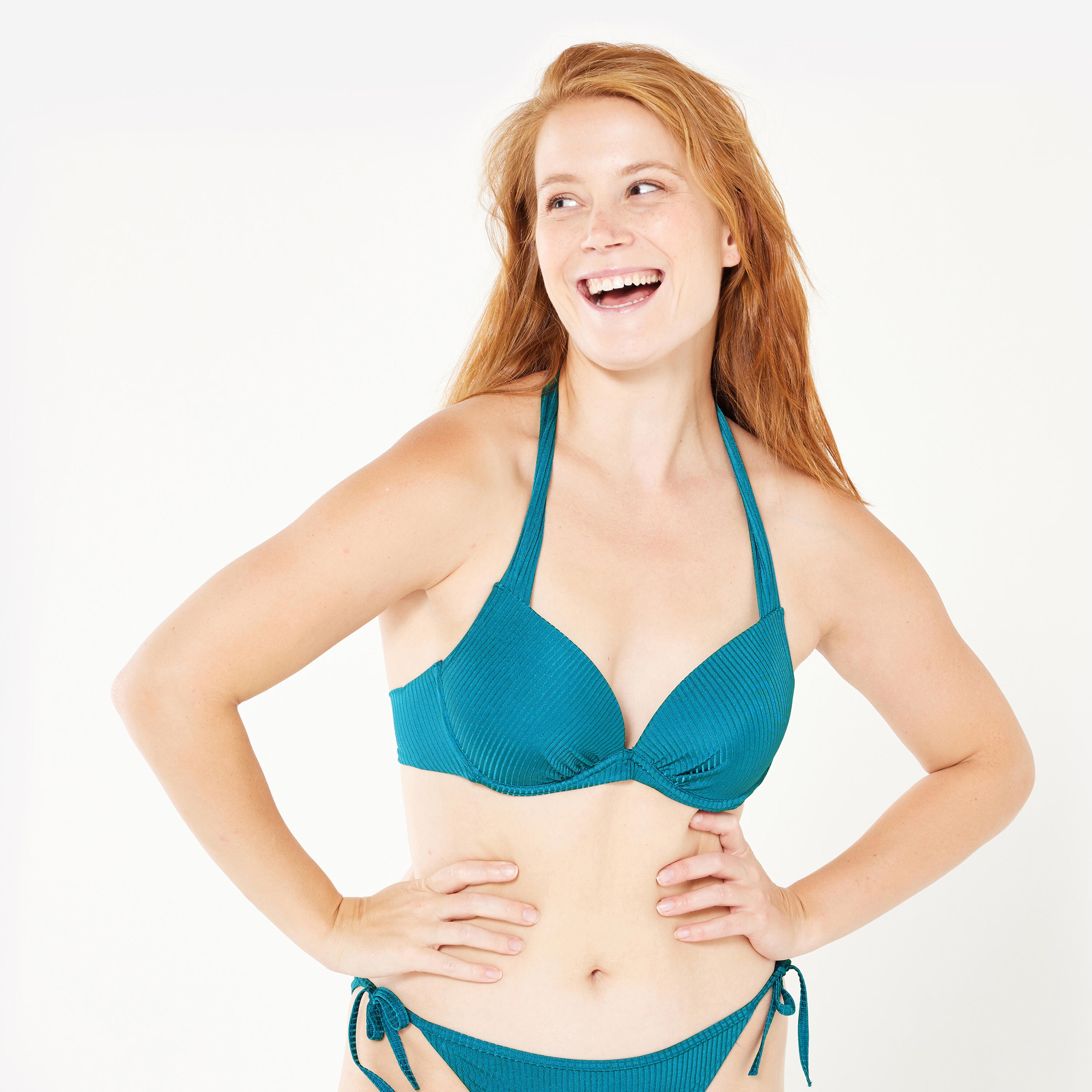 Haut de maillot push up texturé surf Femme - Elena folk petrol bleu - Image 1