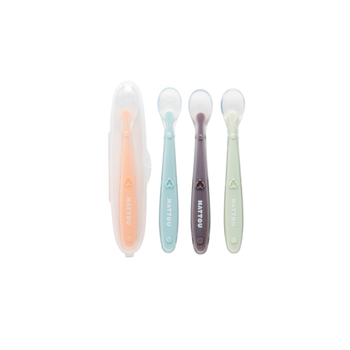 Nattou - Juego de 4 Cucharas Nattou de silicona con caja de transporte azul-verde-naranja-gris. - Image 1