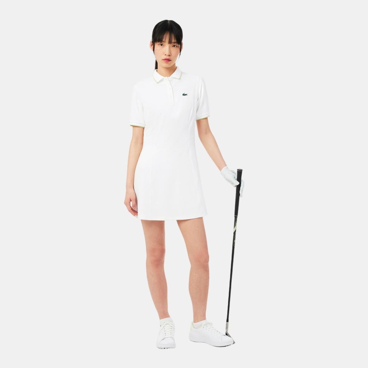 Lacoste - Vestido corto con ribetes en contraste Ultra-Dry en blanco de manga corta. - Image 1