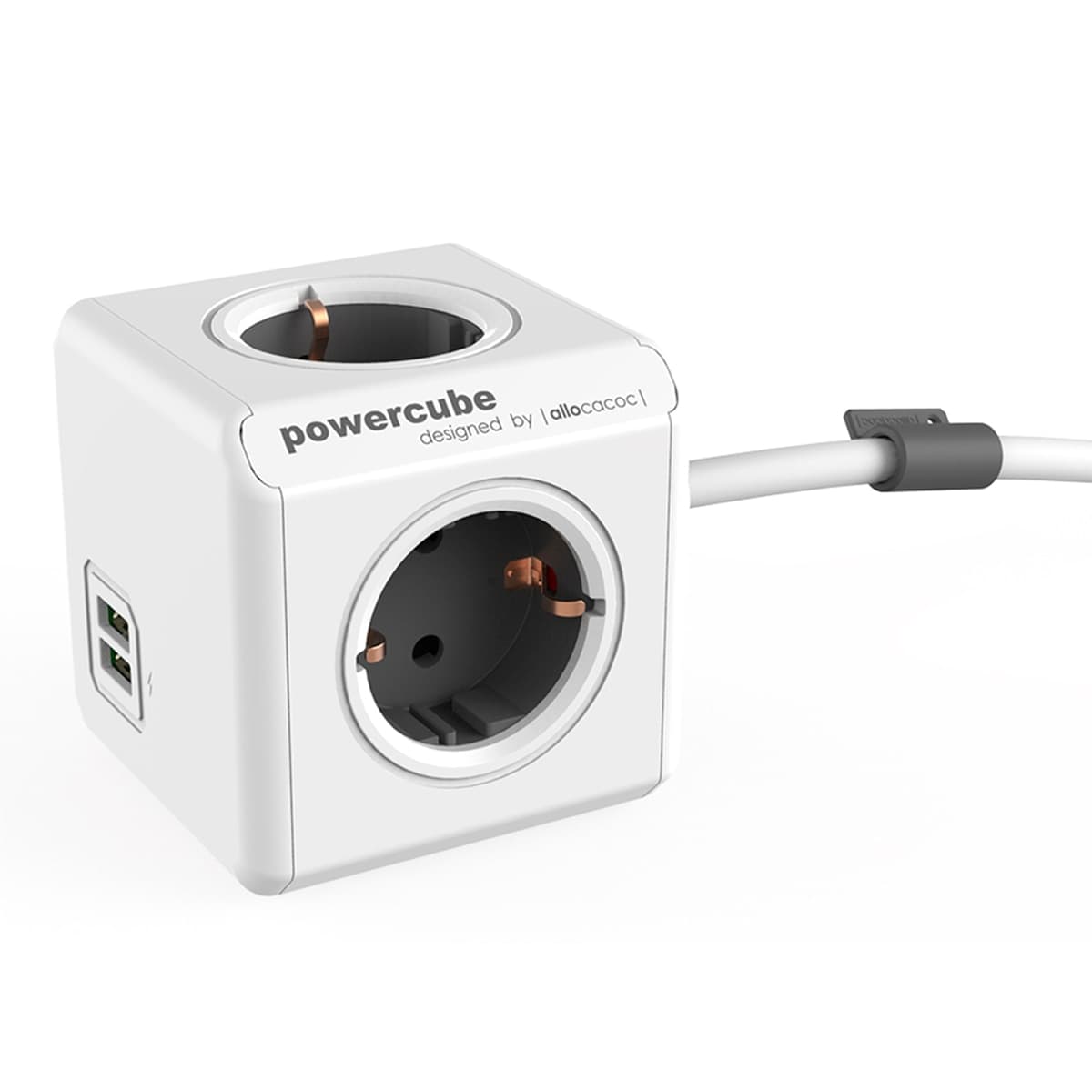 PowerCube - Regleta eléctrica 4 tomas schuko + 2 tomas USB con soporte y cable 1,5 m.