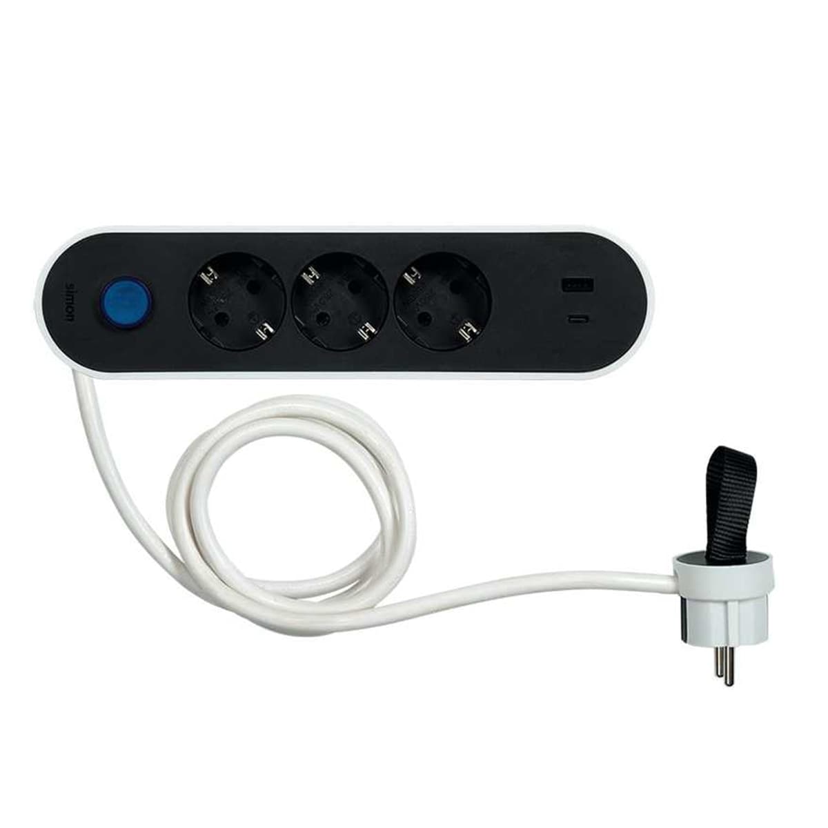 SIMON - Base múltiple Plug 2 USB carga rápida 18W con interruptor y clavija extraplana Simon.
