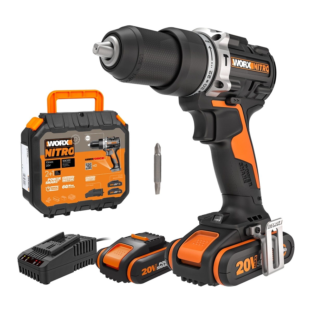 Worx - Taladro Percutor a Batería 20 V WX352 PowerShare 2 baterías + maletín. - Image 1