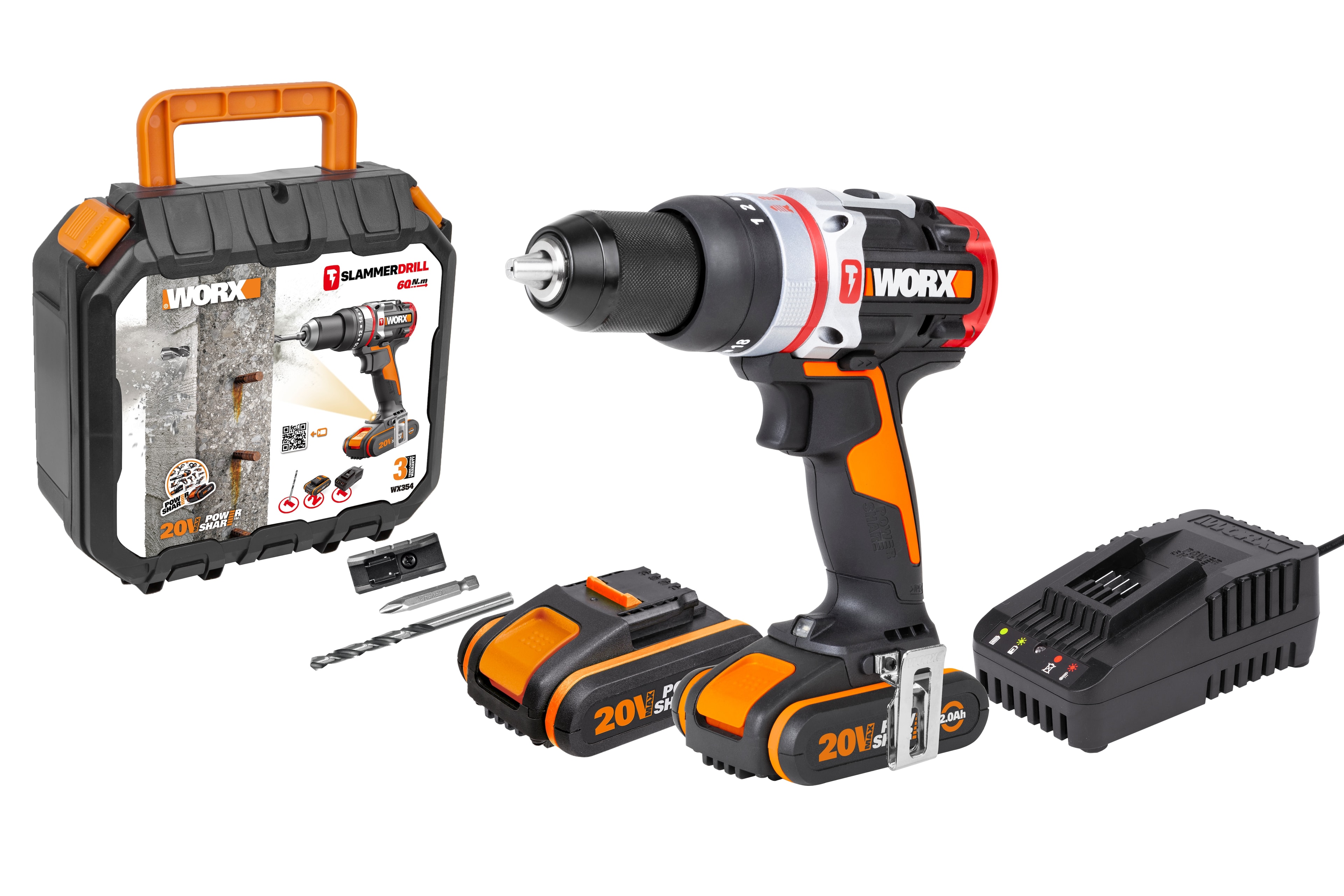 Worx - Taladro Percutor a Batería 20 V Motor Brushless WX354 2 baterías + Accesorios. - Image 1