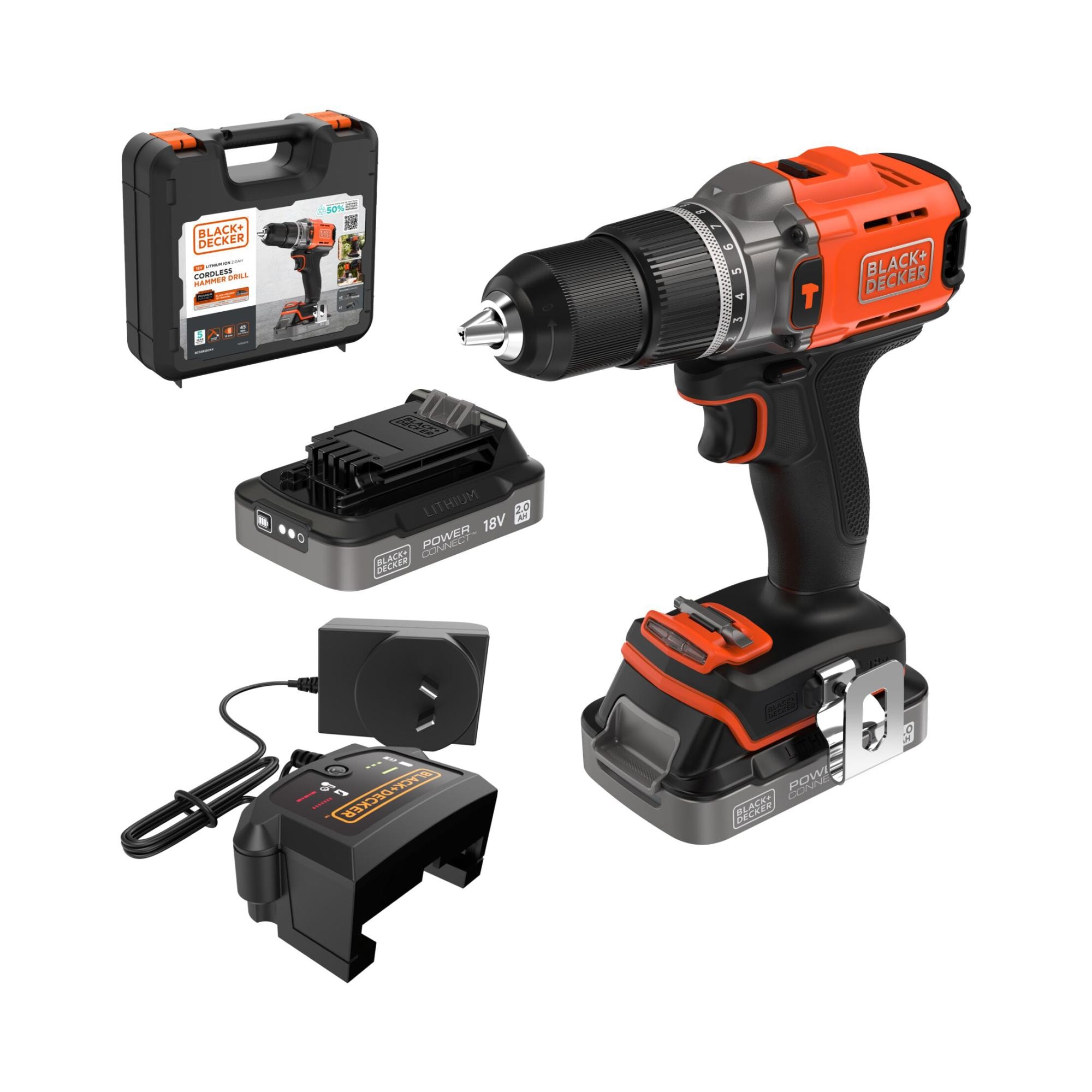 BLACK+DECKER - Taladro Percutor 18V con 2 Baterías de 2Ah + Cargador y Maletín. - Image 1