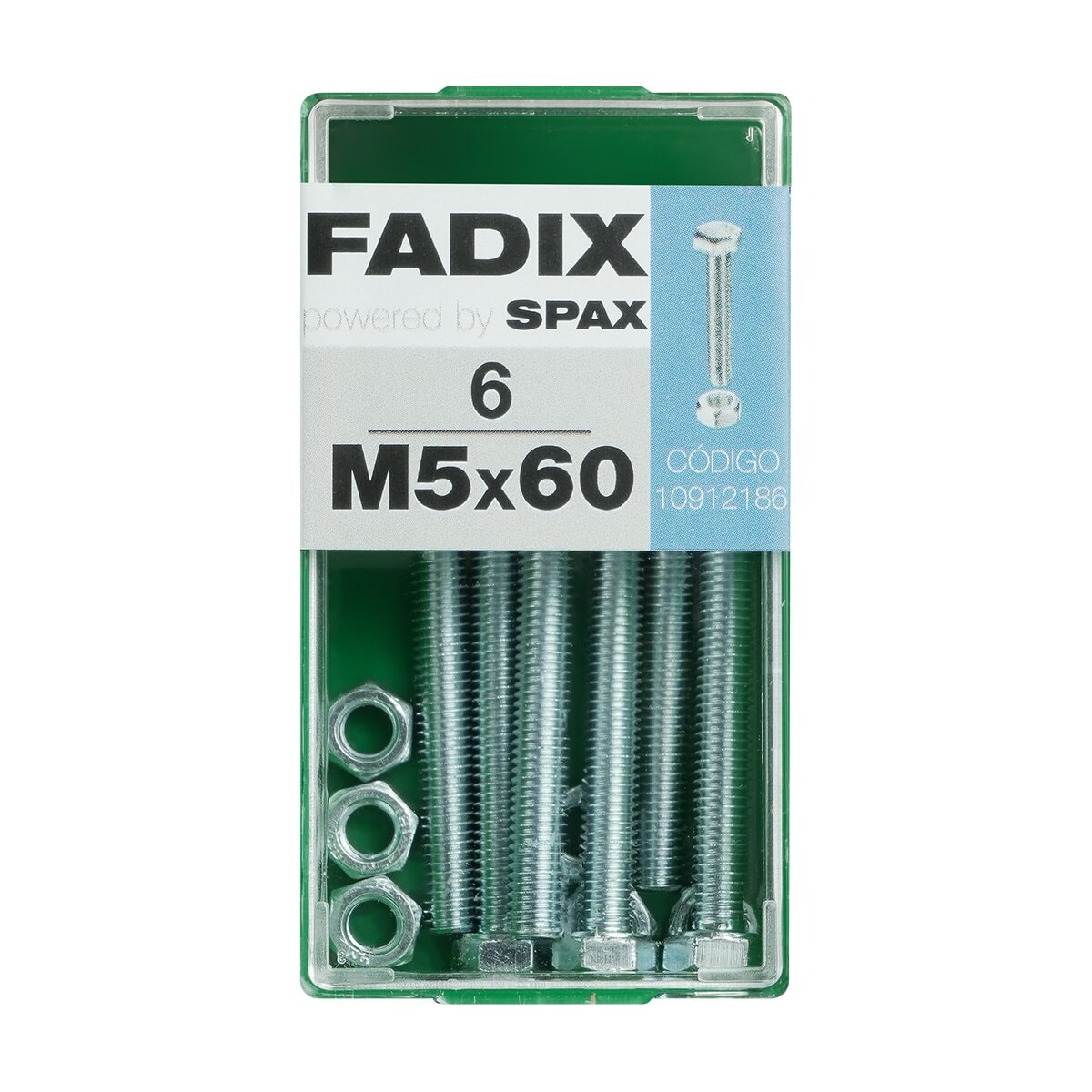 FADIX - Tornillo Cabeza Hexagonal + Tuerca M5 x 60 mm - Caja 6 Uds. - Image 1