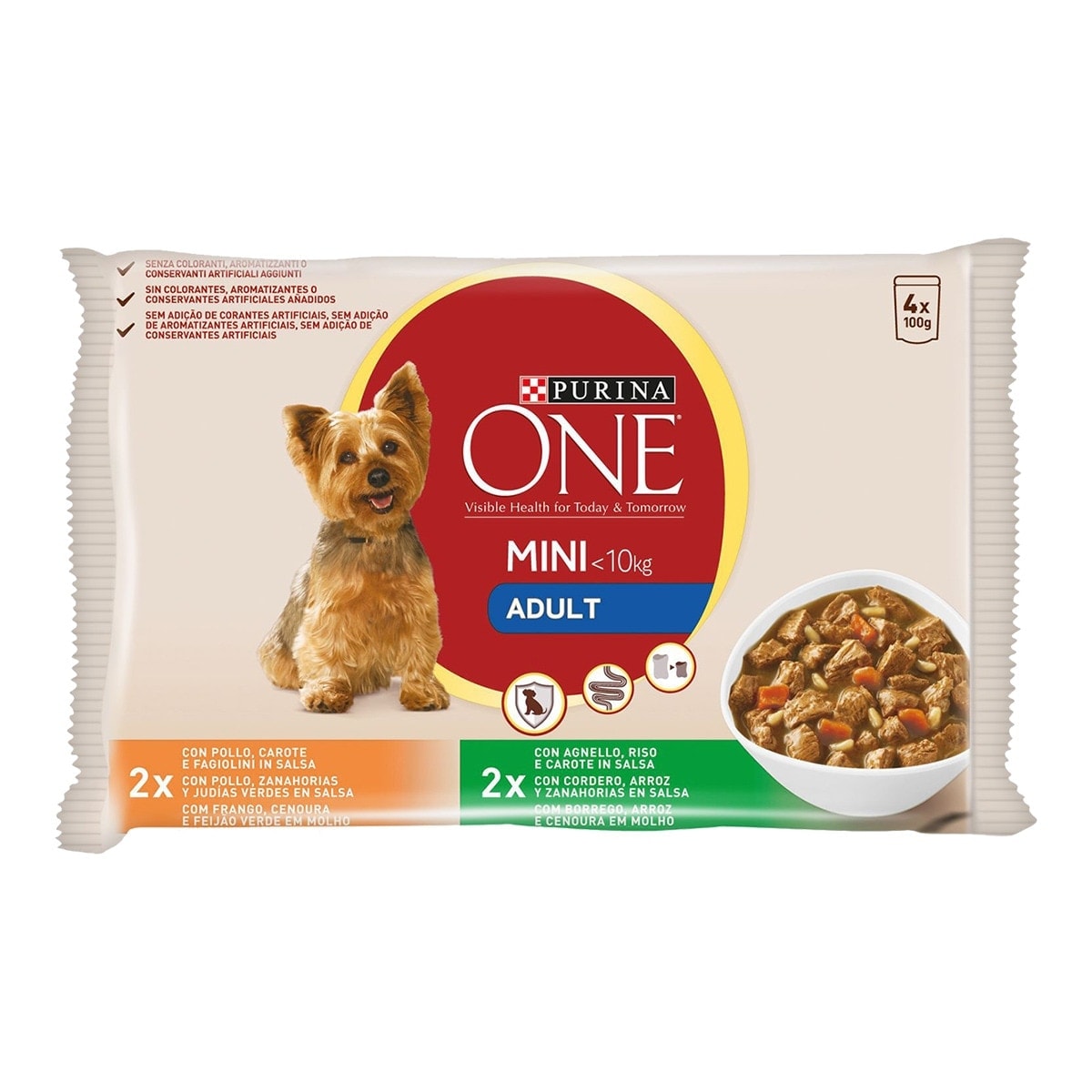 Purina One - Comida húmeda para perros adultos minis Purina One pollo y cordero en salsa 4 x 100 g. - Image 1