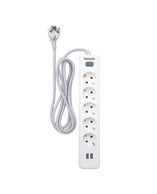 Philips - Regleta Philips SPN3052WA, 5 enchufes y 2 USB.