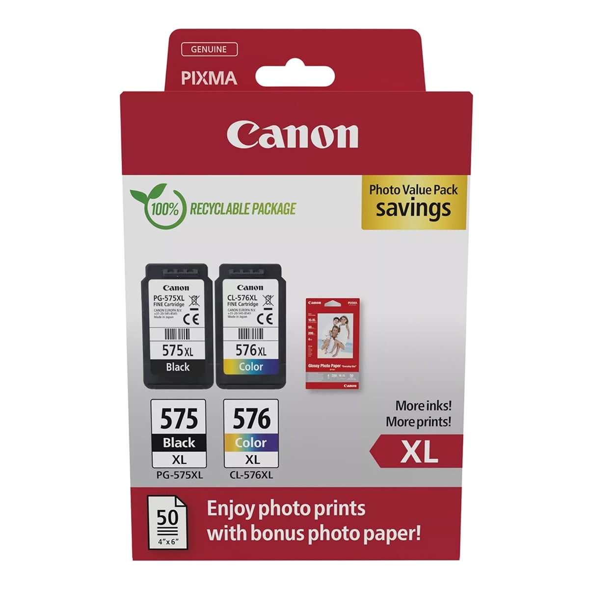 Canon - Pack de cartuchos de tinta original Canon PG-575XL negro + CL-576XL tricolor + Papel. - Image 1