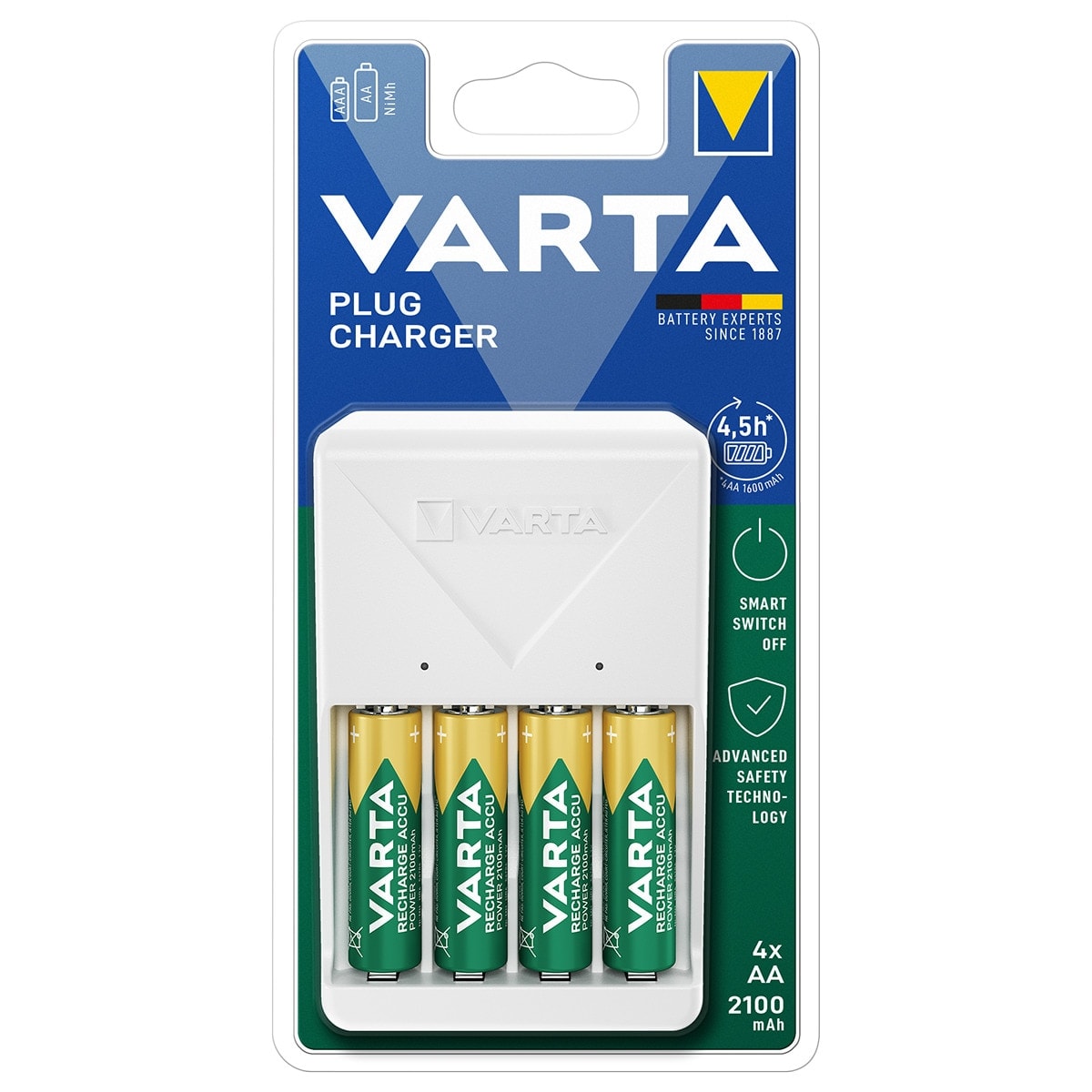 Varta - Cargador de pilas recargable Varta Plug Charger AA - AAA (incluye 4 bat. AA 2100mAh). - Image 1