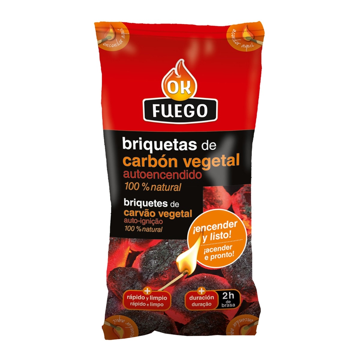 OK FUEGO - Briquetas de Carbón Vegetal Autoencendible 1,5 kg. - Image 1
