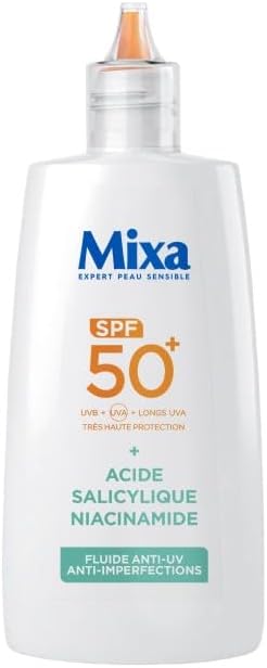 Mixa - Daily Anti-UV & Anti-Bleach Fluid - SPF 50+ - Very High Protection - Salicylic Acid and Niacinamides - Anti-pimples and Shine - Mattifying Effect - 40 ml - Image 1
