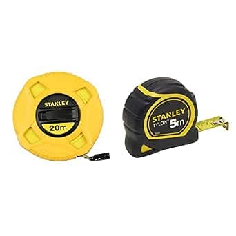 Stanley Tape Measure 20 m x 12.7 mm Fiberglass 40 Strands – Precision Class III – Graduations Every 2 mm – Fluorescent Yellow Plus Readable & Tylon Bi Material 5 m x 19 mm – Anti-Corrosion Tape