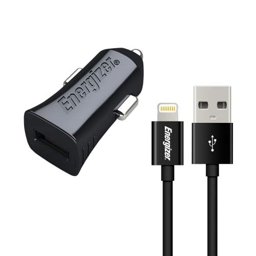 Energizer Mobile and Accessories DCA1ACLB3 Car Charger 1 A 1 USB Lightning Cable Included / MFI Compatible with Cigarette Lighter Socket Fast Charging and Sync Black - Image 1