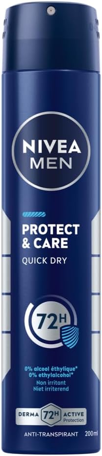 NIVEA MEN Protect & Care Déodorant Anti‑Transpirant Homme 72H – Spray 200 ml – 0% Alcool, Anti‑Irritations, Protection Longue Durée – Peaux Sensibles - Image 1