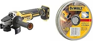DEWALT - XR 18V 5Ah Li-Ion Brushless Grinder - Cordless Electric Grinder with TSTAK Case, Side Handle + Protective Case & Box of 10 Standard Steel Cutting Discs
