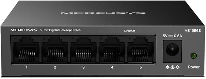 Mercusys TP-Link MS105GS 5 Port Gigabit Ethernet Switch, Metal Case, RJ45 Switch, RJ45 Hub, Ethernet Hub, Ethernet Multisocket, Plug-and-Play, Durable, Quiet