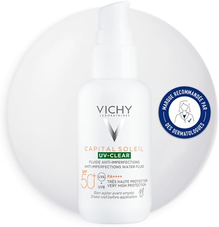 Vichy, Capital Soleil UV Clear, Fluide Anti-Imperfections Visage, SPF50+, Corrige & Protège, Enrichi en Acide Salicylique, Probiotiques et Niacinamide, Pour Peaux Mixtes à Grasses, 40 ml - Image 1