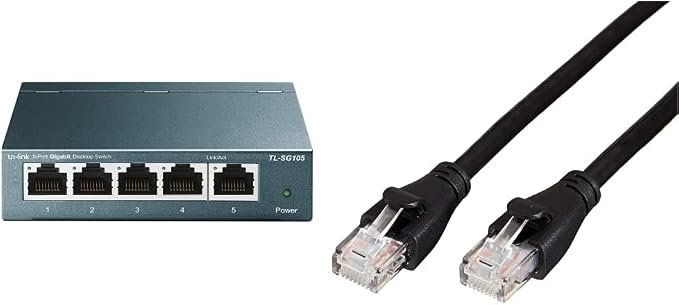 TP-Link TL-SG105 Gigabit Ethernet Switch 5 Ports Metallic 10/100/1000 Mbps (Speed up to 2000Mbps) - Lifetime Warranty & Amazon Basics RJ45 Ethernet Network Cable Category 6-1.5 m - Image 1